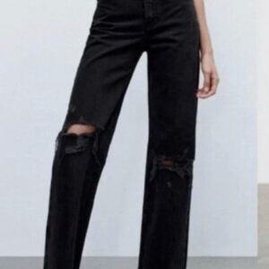 Zara Black Wide-Leg Full-Length Ripped Jeans – Great Condition